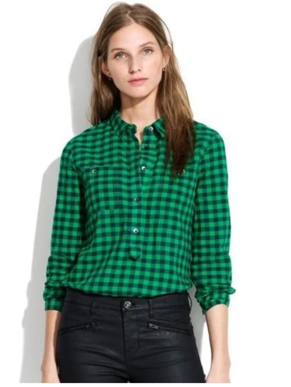 Madewell Mini Check Market Popover shirt Green Plaid Button-Front Shirt 💥